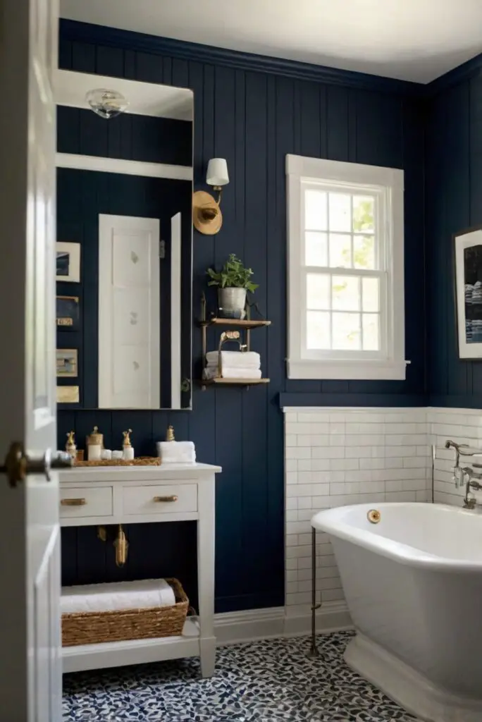 bathroom cabinet paint,navy blue paint,bathroom wall color,navy blue bathroom walls