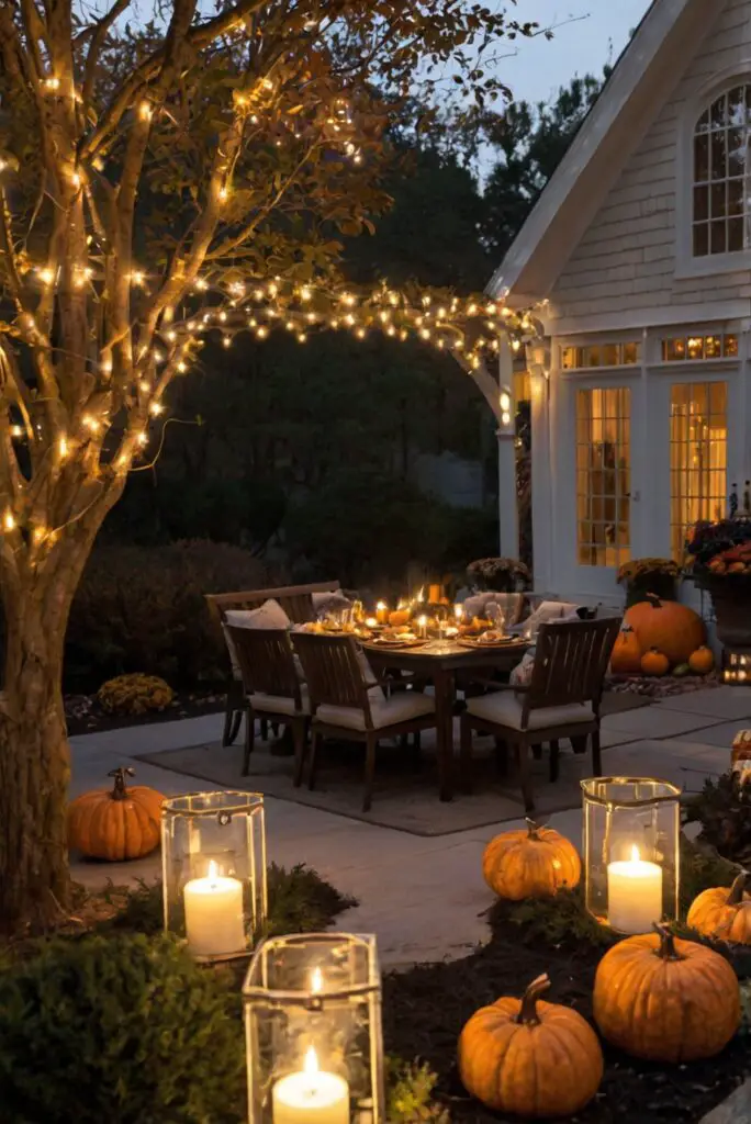 Outdoor Thanksgiving decor, Fall yard decorations, Festive garden ideas, Autumn decoration inspiration, Holiday exterior design