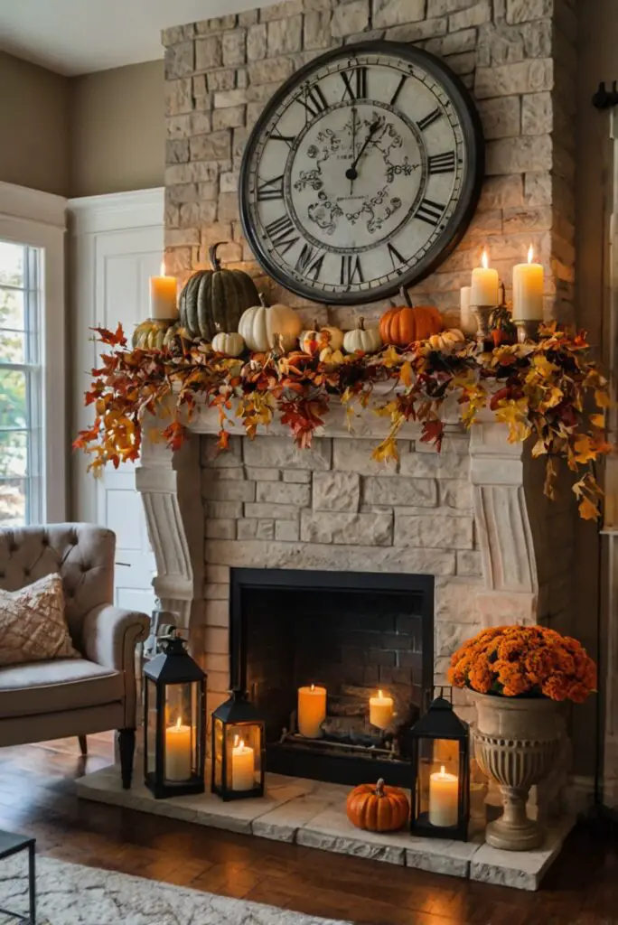 Fall mantle decor, cozy home decor, fireplace decor, autumn decorations, seasonal home accents