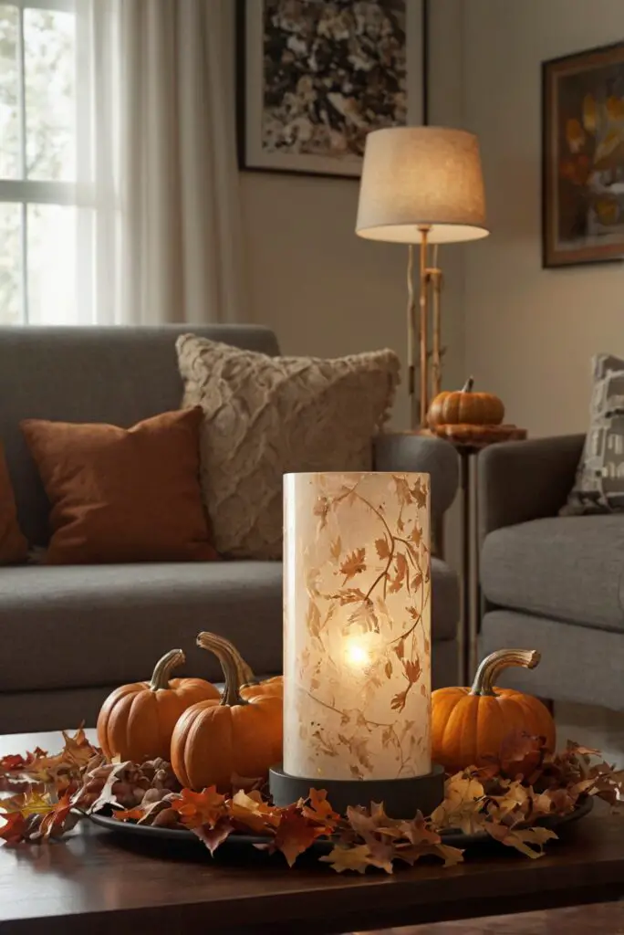 Fall home decor, Festive living room, Cozy autumn vibes, Elegant seasonal accents, Beautiful fall accessories