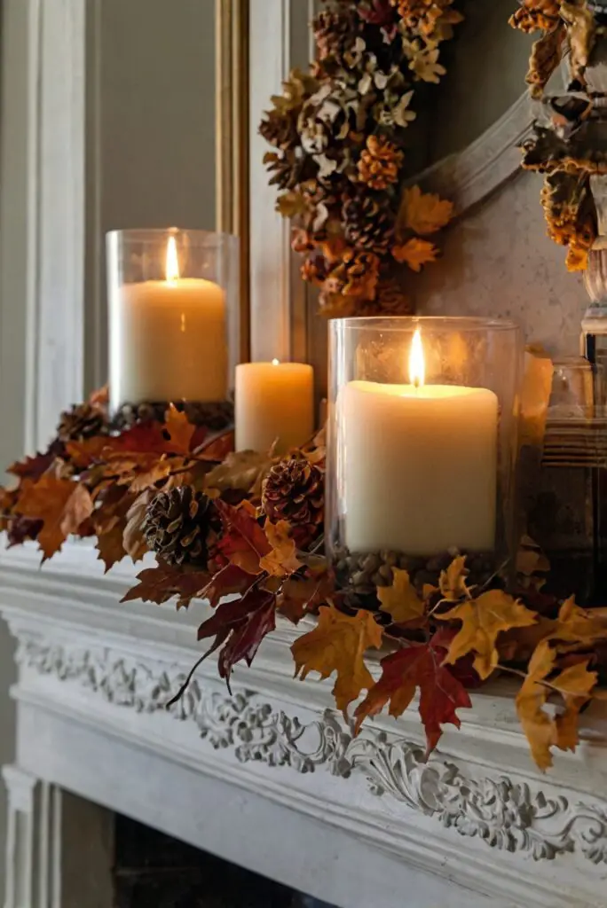 Fall mantel decor, Fireplace mantel ideas, Autumn home decorations, Seasonal mantel styling, Cozy living room design