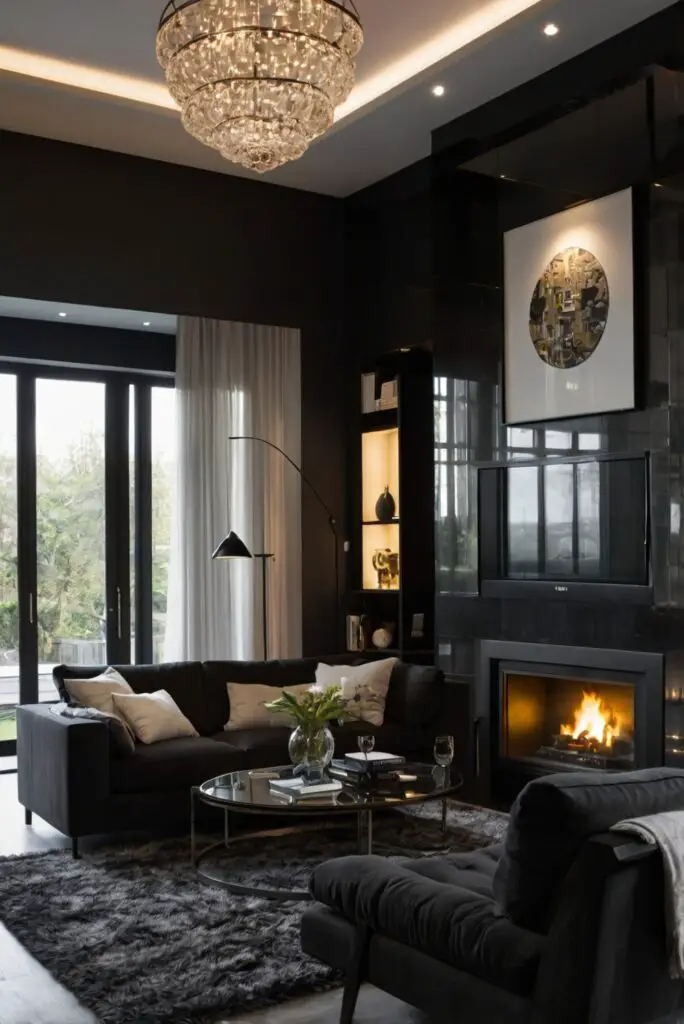 black living room decor, black living room furniture, dark living room ideas, modern black living room, elegant black living room