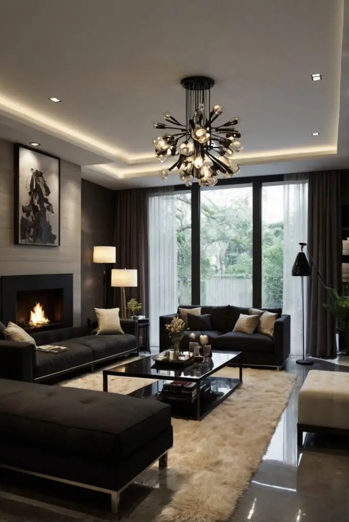 modern living room design, black furniture, luxury home decor, sophisticated interior design, elegant home furnishings