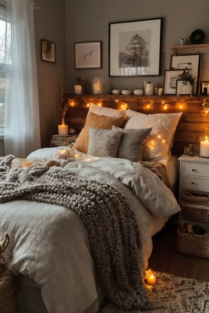 Stylish bedding, Cozy throw pillows, Rustic bedroom furniture, Plush blankets, Elegant bedside lamps