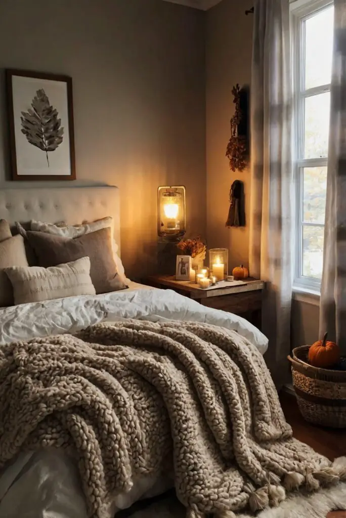 Cozy bedroom decor, Warm bedding ideas, Autumn bedroom refresh, Bedroom cozy lighting, Fall bedroom accessories