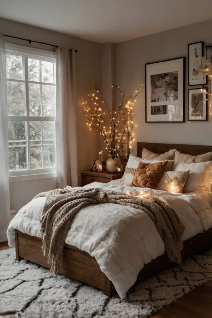 Stylish bedroom decor, Cozy bedroom design, Luxurious bedding, Elegant furniture, Warm color palette