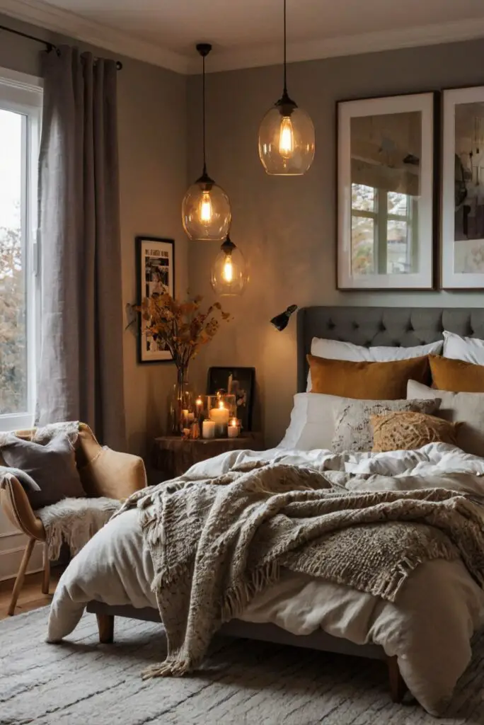 Cozy bedroom decor ideas, Stylish bedroom inspiration, Relaxing bedroom design, Fall bedroom decorating, Cozy bedroom atmosphere