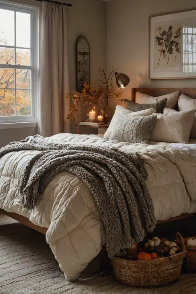 bedroom decor, cozy blankets, luxury bedding, bedside table, modern lighting