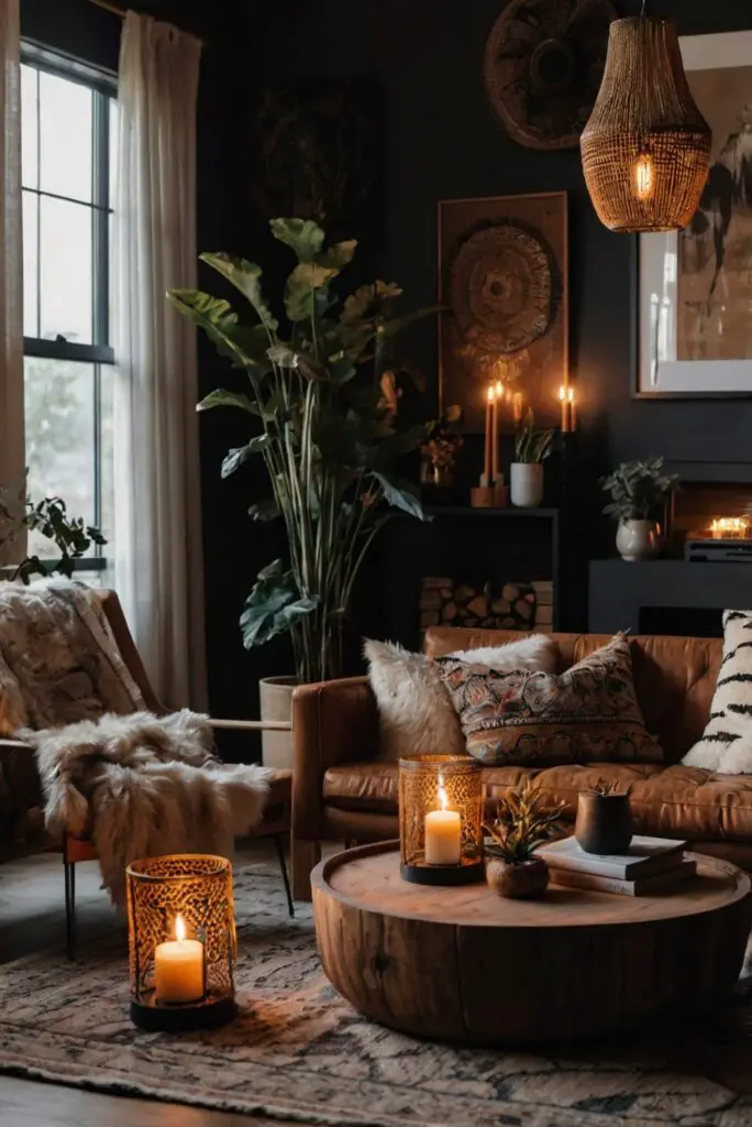 Bohemian living room decor, Boho chic furniture, Dark cozy home, Fall interior design, Moody living space