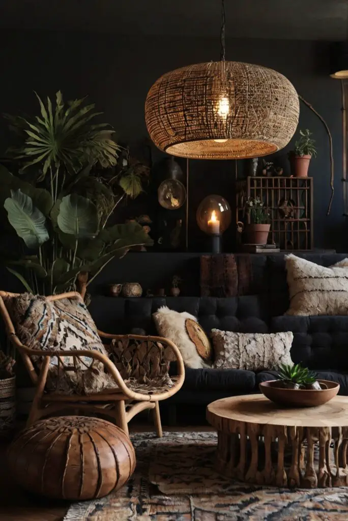 Dark bohemian living room decor, Boho chic furniture, Tribal living room design, Cozy bohemian home, Eclectic living room ideas