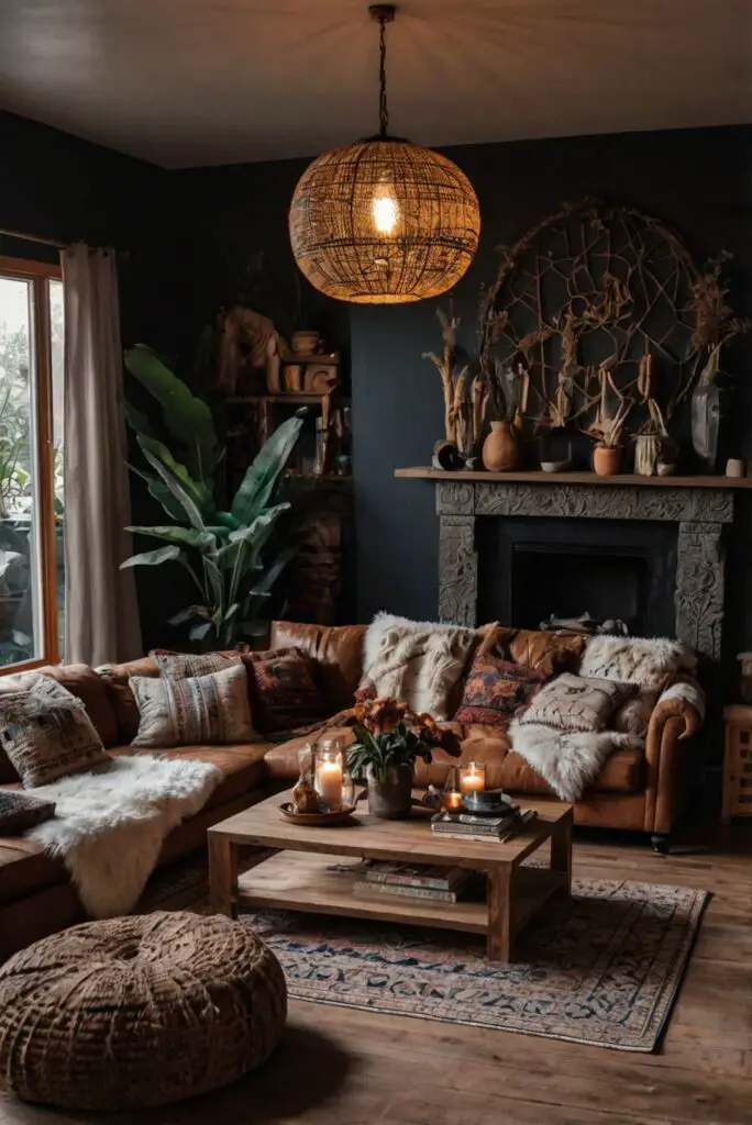 Boho decor, Boho furniture, Cozy living room, Dark color scheme, Interior design