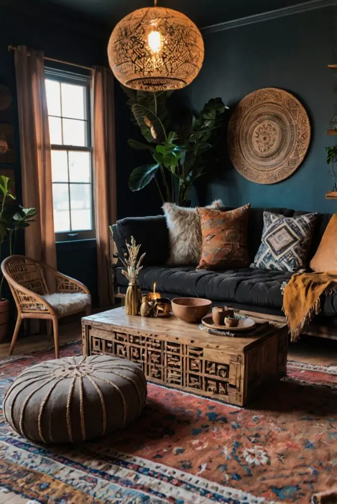 boho living room decor, boho chic furniture, bohemian style rug, dark cozy accents, modern boho lighting