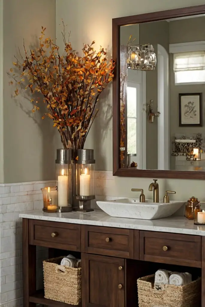 Fall bathroom decor, Seasonal bathroom ideas, Autumn bathroom design, Cozy bathroom decorations, Elegant bathroom accessories