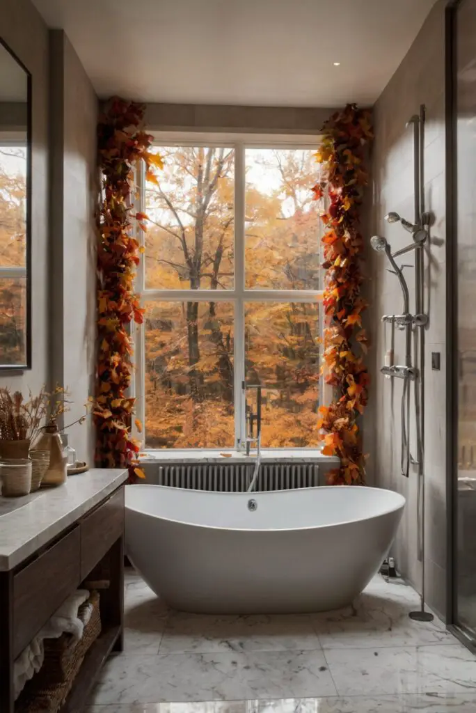 Fall bathroom decor, Bathroom renovation ideas, Cozy bathroom design, Relaxing bathroom retreat, Stylish bathroom makeover