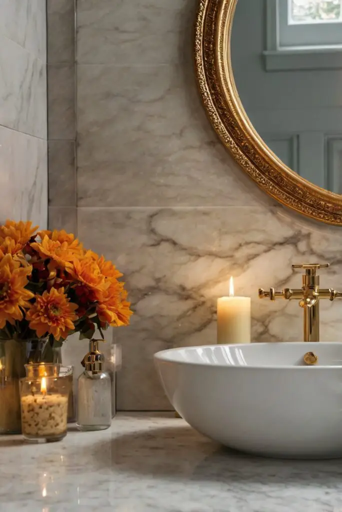 bathroom renovation ideas, luxury bathroom décor, fall themed bathroom, bathroom design trends, autumn bathroom decorations