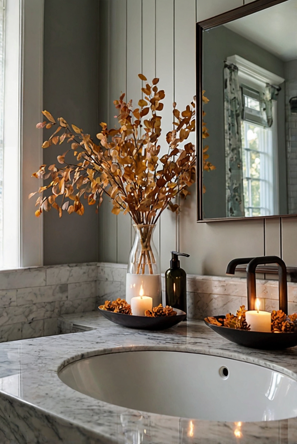 bathroom decor ideas, fall decorating tips, bathroom renovation tips, seasonal bathroom makeover, autumn bathroom design