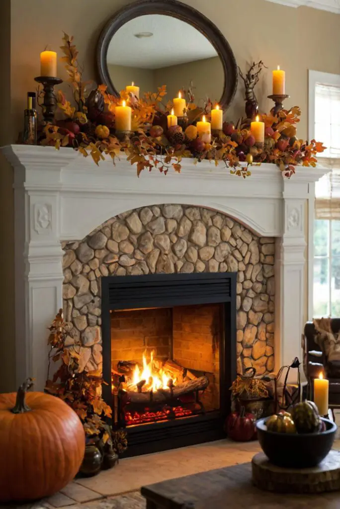 fireplace decor, fall mantel ideas, home fireplace design, cozy fireplace decorations, autumn hearth decor