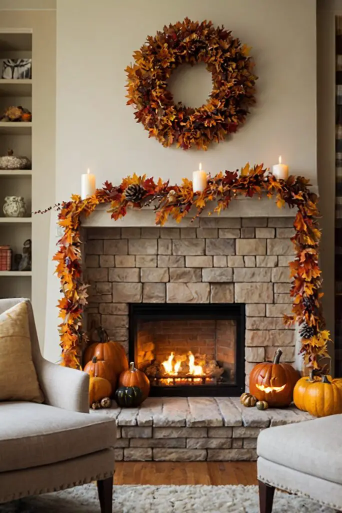 fireplace mantel decor, fall mantel decorations, autumn mantel ideas, seasonal fireplace decor, cozy fireplace accessories