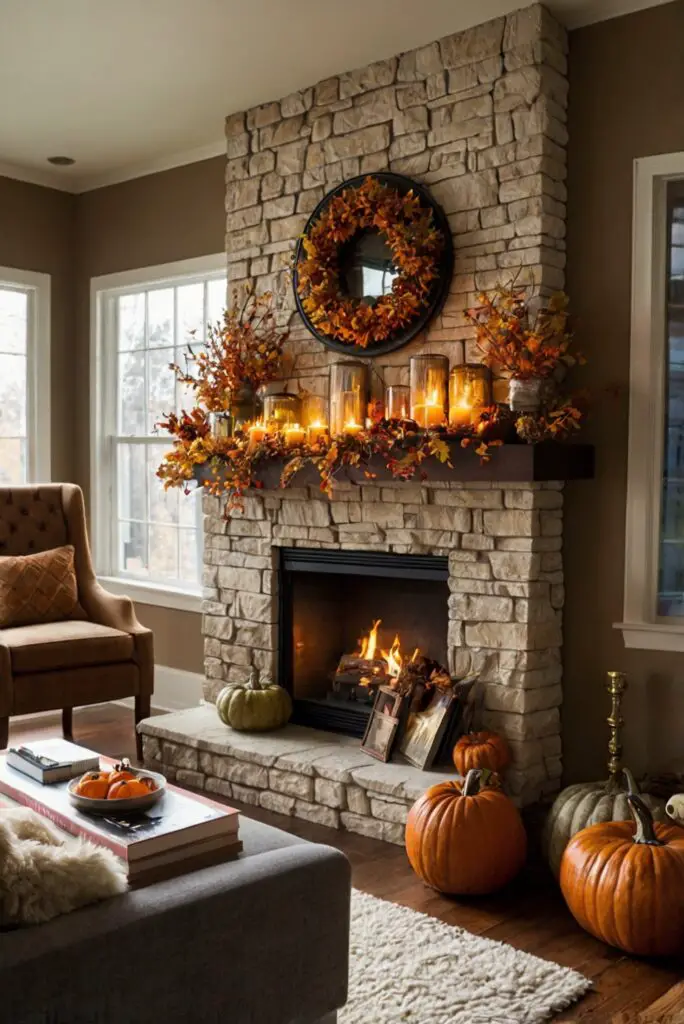 Fireplace mantle, Fall decor, Fireplace design, Home interior, Mantel styling