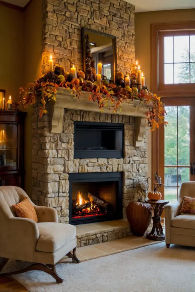 fall decor, fireplace mantles, autumn decorations, cozy home decor, seasonal design