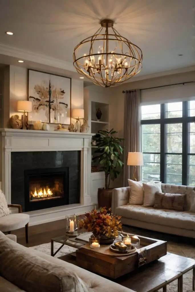 Fall living room decor, Autumn home design, Cozy seasonal interior, Chic fall decorations, Elegant autumn styling