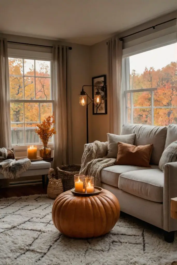 Fall decor ideas, Cozy living room, Autumn home decor, Warm interior design, Seasonal decorations