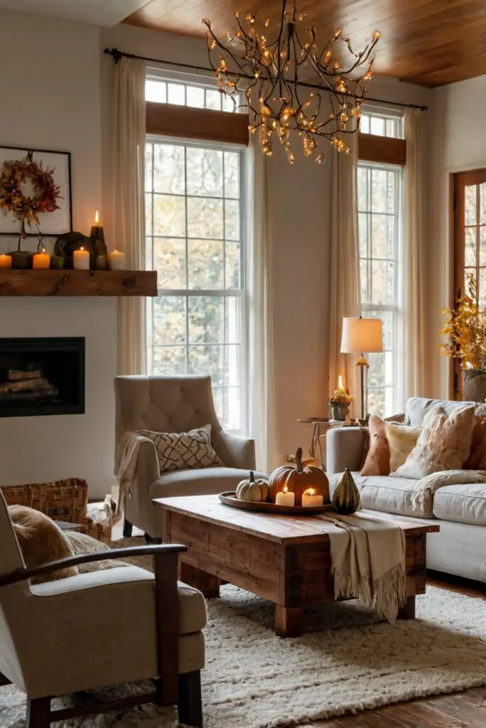 Fall living room decor, Seasonal makeover ideas, Elegant autumn decorations, Cozy home design, Chic fall interior styling