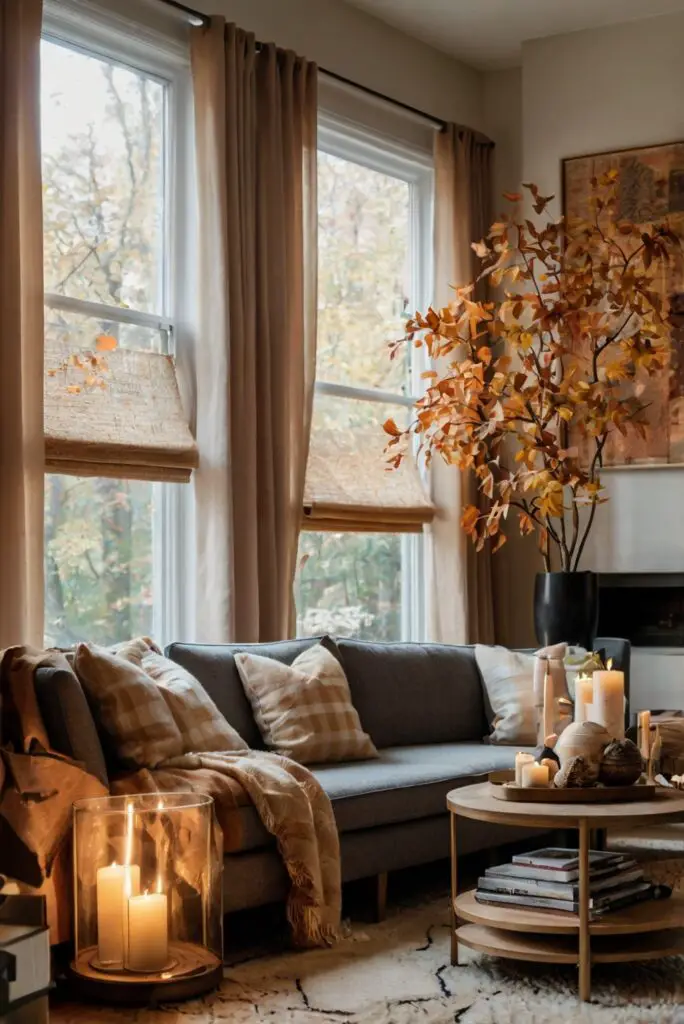 Fall living room decor, Autumn home makeover, Seasonal interior design, Cozy fall furnishings, Trending autumn decorations