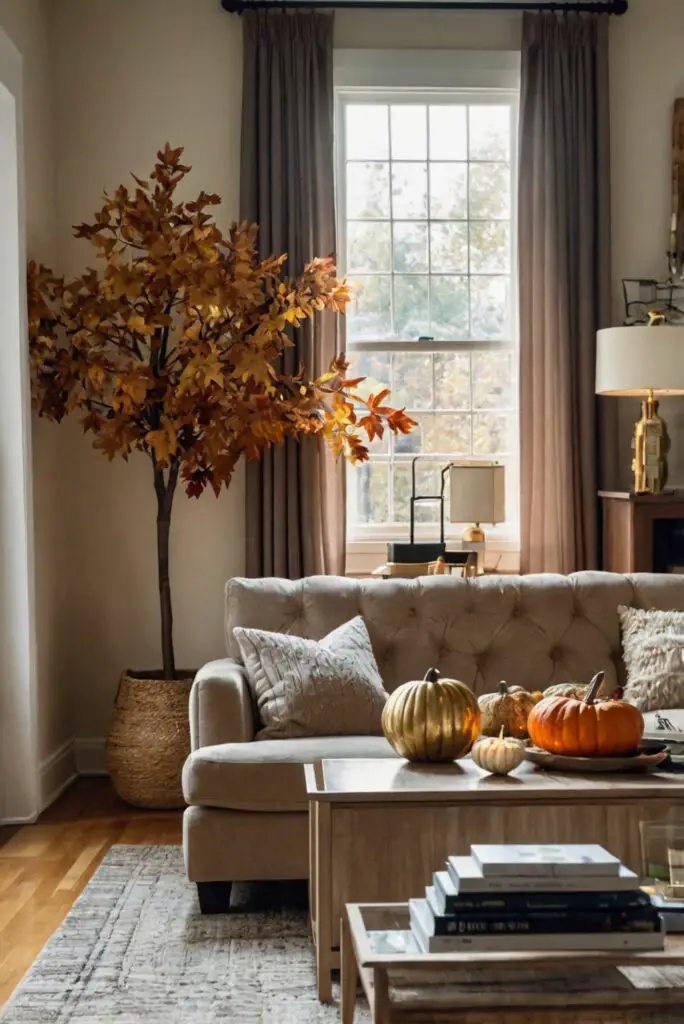 fall decor, cozy blankets, accent chairs, statement lighting, plush rugs, autumnal throw pillows