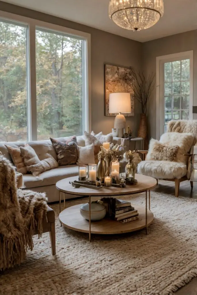 Stylish living room decor, Cozy autumn vibes, Home interior trends, Modern fall designs, Chic seasonal accents