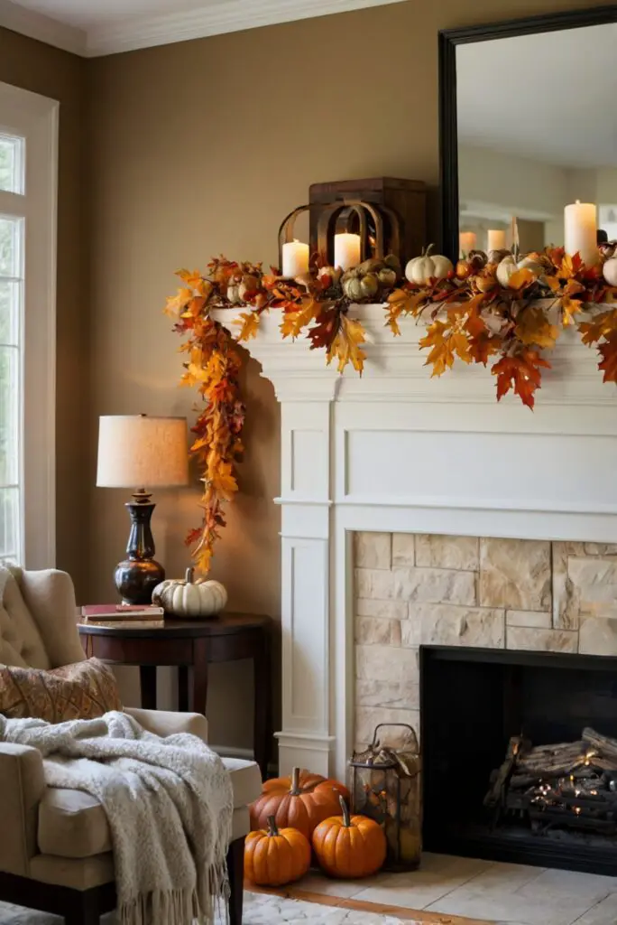 Fall mantel decor ideas, Autumn fireplace decorations, Seasonal home accents, Cozy hearth arrangements, Fall-themed mantle display