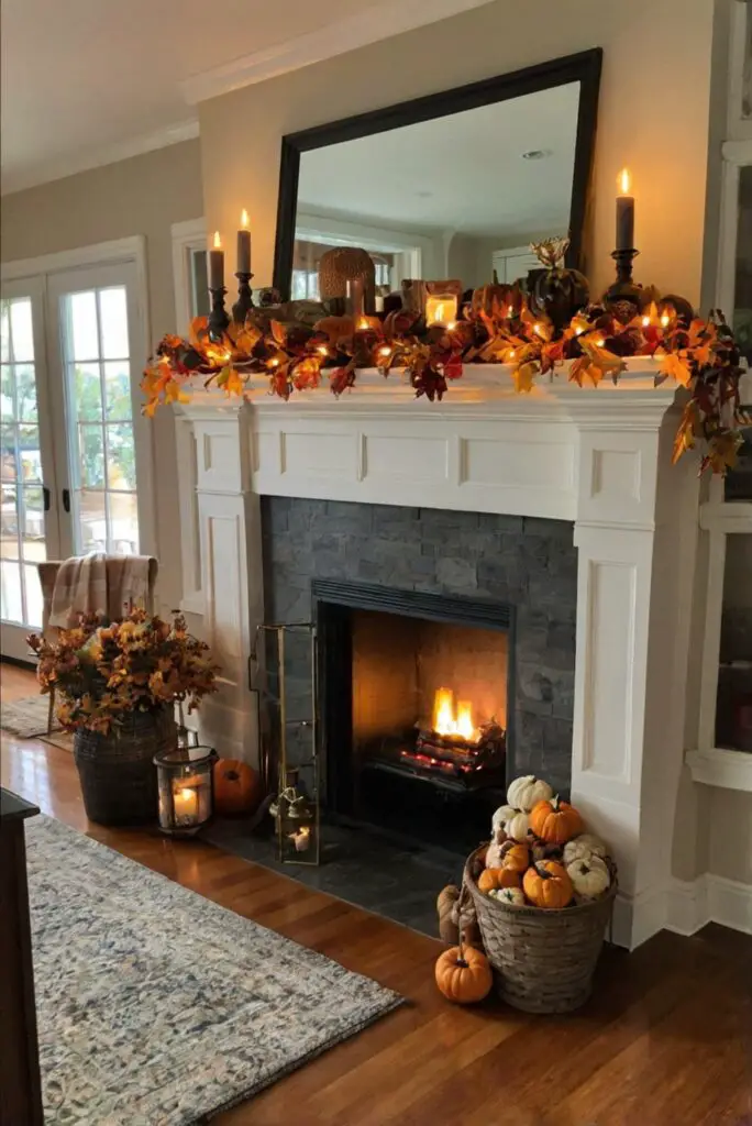 Fall fireplace decor, Mantle decorating ideas, Cozy living room design, Autumn home accessories, Fire mantel decorations