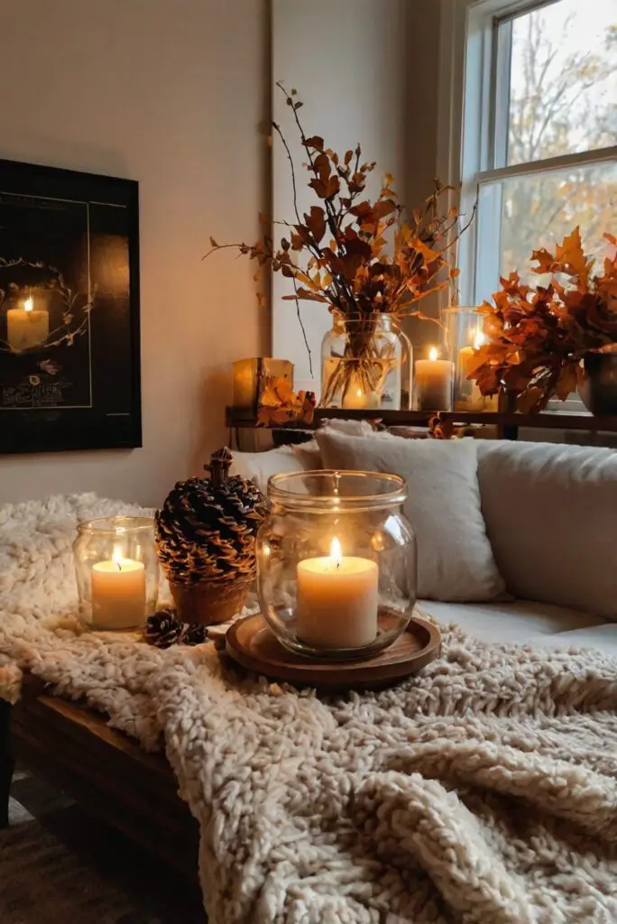 fall room decor, home interior design, elegant furniture, cozy living space, stylish home decor