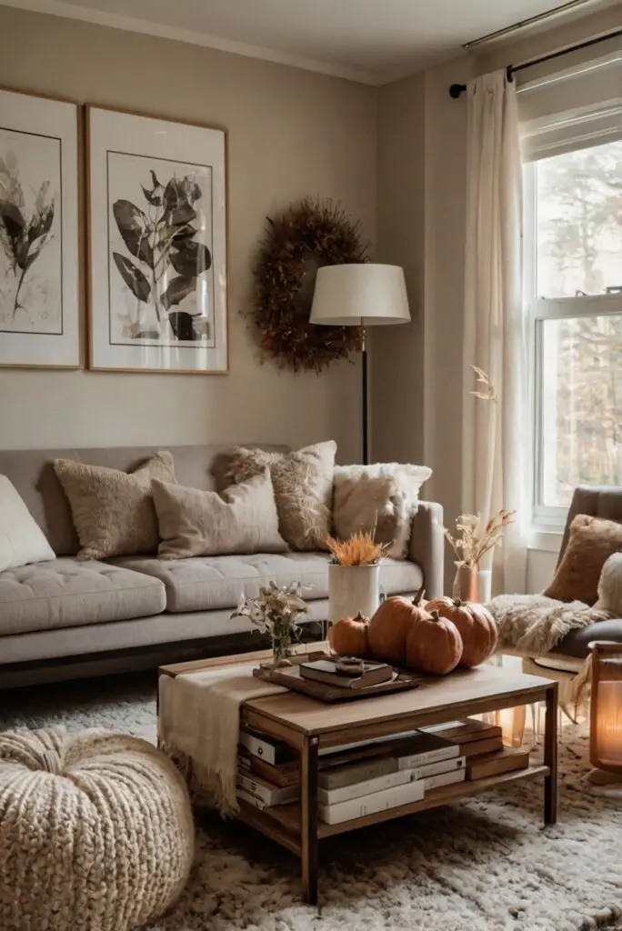 Stylish fall decor ideas, Fall home decorating, Autumn interior design, Modern fall room decor, Chic seasonal decor