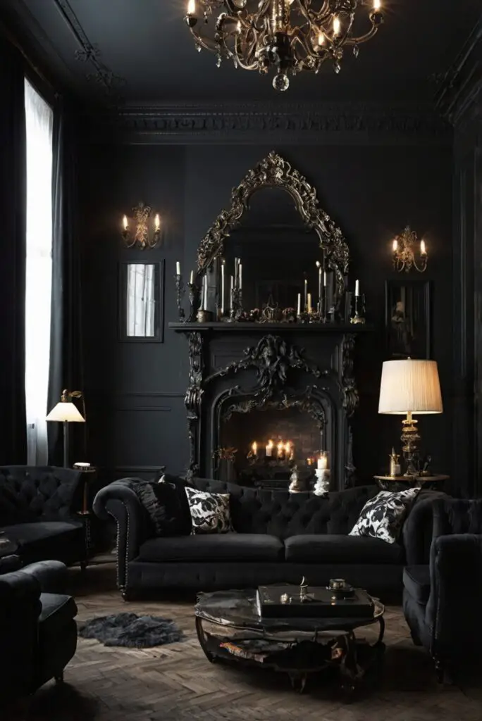 Gothic home decor, Dark living room ideas, Black furniture, Haunted house design, Eerie interior design