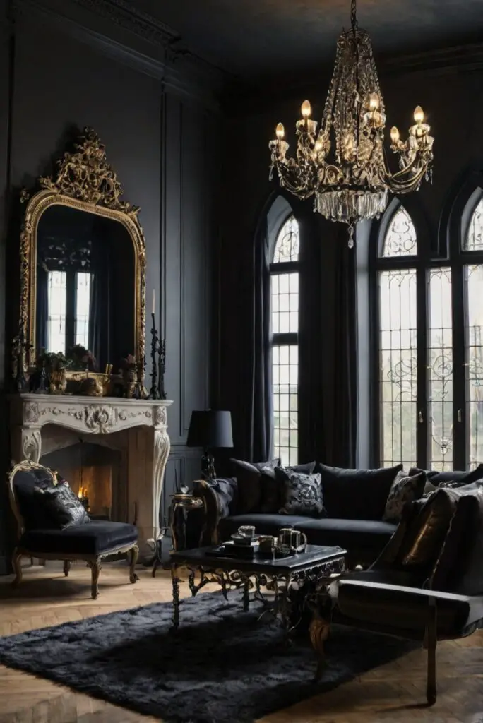 Gothic living room decor, Gothic home design, Elegant Gothic style, Dark interior design, Gothic furniture.