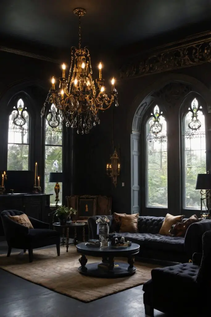 Gothic living room decor, Gothic home furnishings, Gothic interior design, Victorian Gothic furniture, Dark aesthetic living room