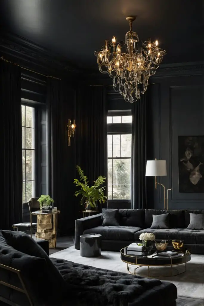 Living room decor, Black accent furniture, Chic home accessories, Modern black decor, Stylish living room design