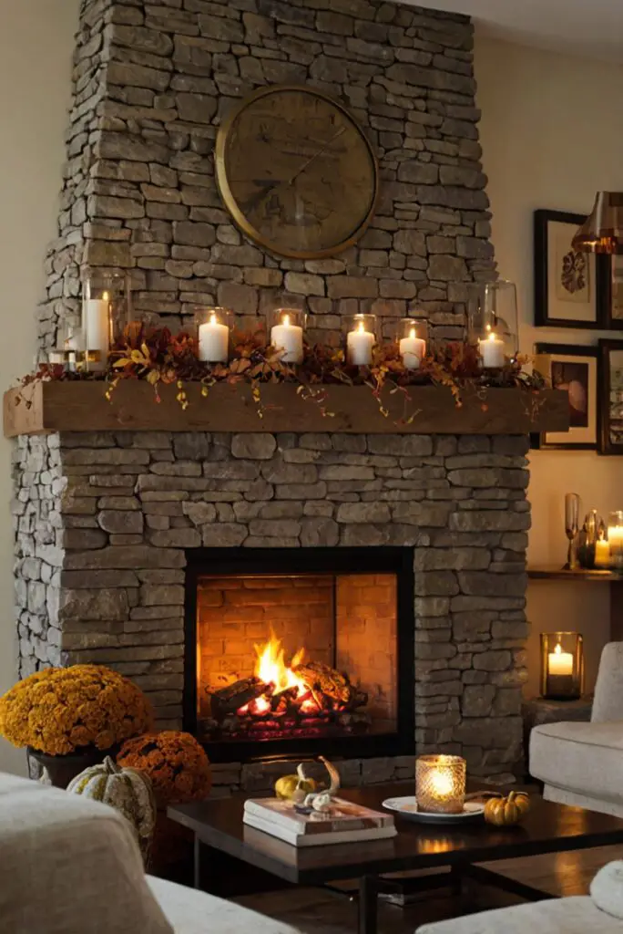 Fall fireplace decor, Cozy hearth designs, Autumn mantel arrangements, Fireplace surround styling, Seasonal fire pit decorations