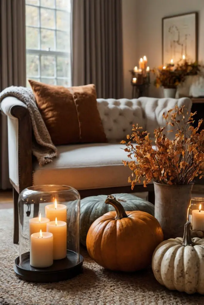 Fall home decor, Cozy living room ideas, Warm autumn interior, Seasonal room makeover, Elegant fall decorations