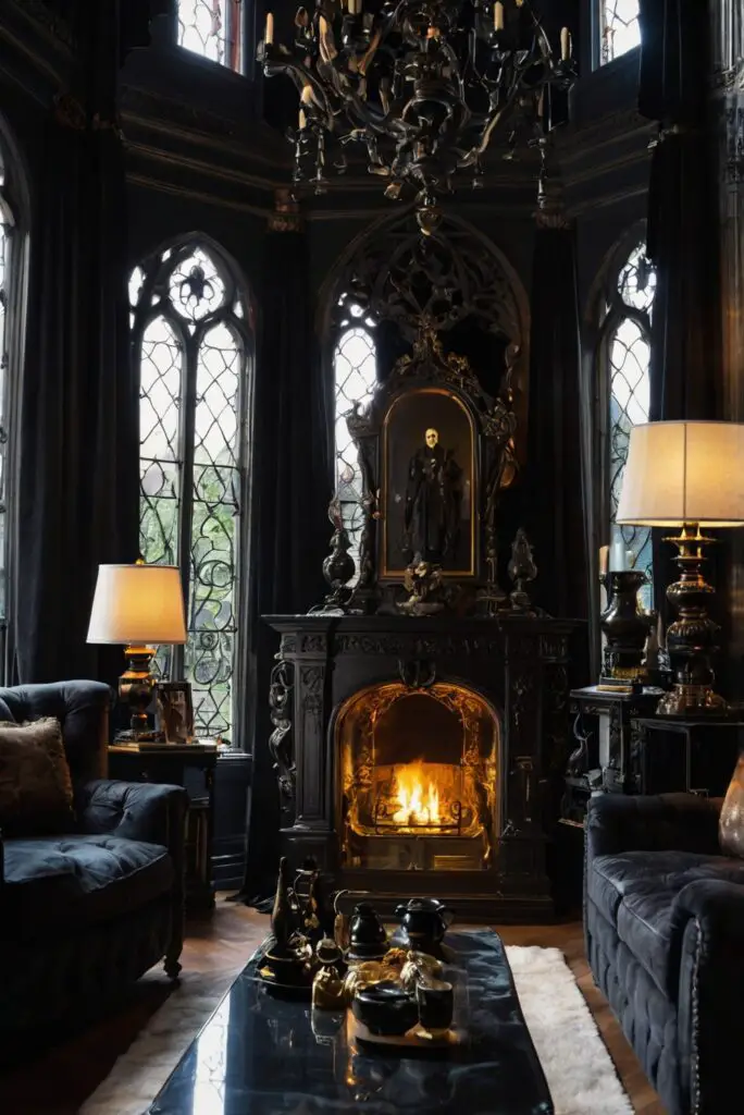 Gothic living room design, Gothic home decor, Dark interior design, Gothic-inspired furniture, Victorian Gothic style