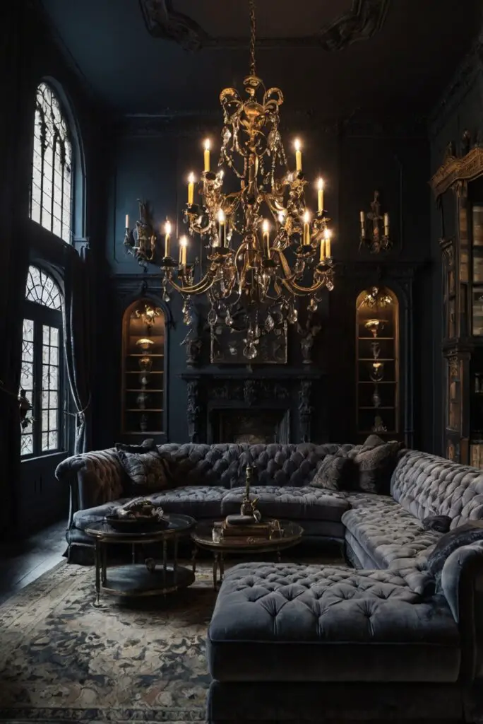 Gothic decor, Dark furniture, Velvet curtains, Skull accents, Candle sconces