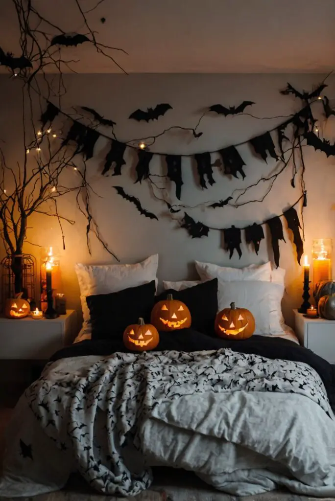 Halloween bedroom decor, spooky bedroom ideas, haunted bedroom theme, creepy bedroom decorations, frightening bedroom designs