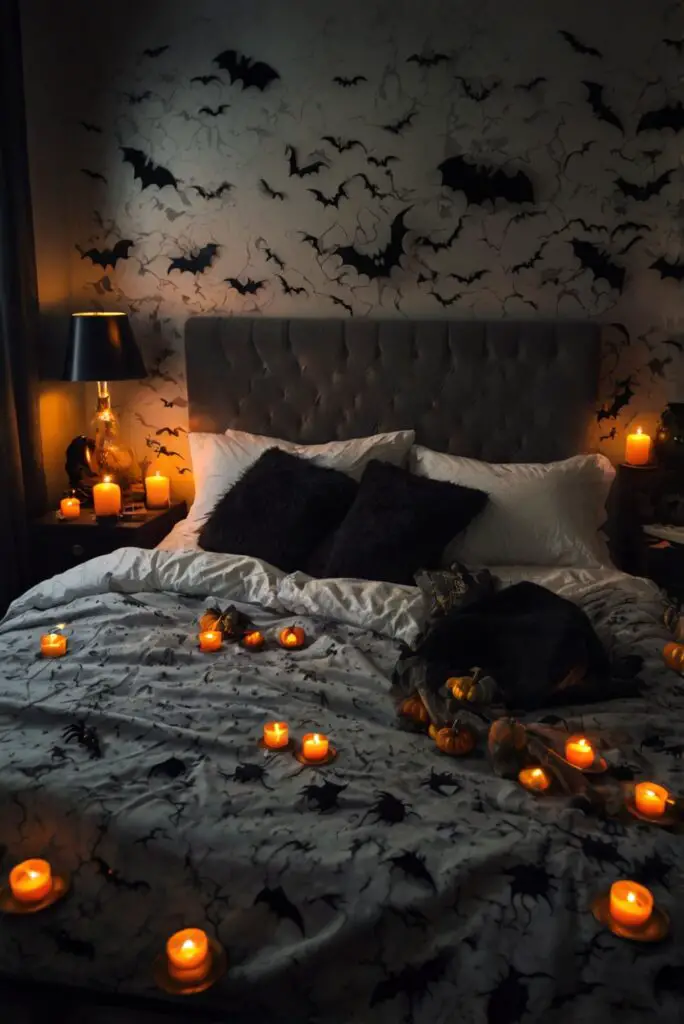 Halloween home decor, Halloween bedroom decor, Spooky bedroom ideas, Halloween-themed bedroom, Haunted bedroom decor