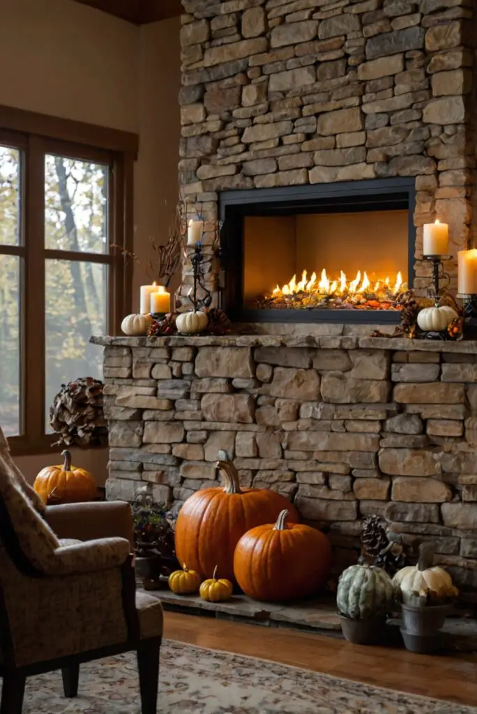 fireplace decor, fall mantel ideas, autumn home decor, cozy fireplaces, seasonal fireplace decorations