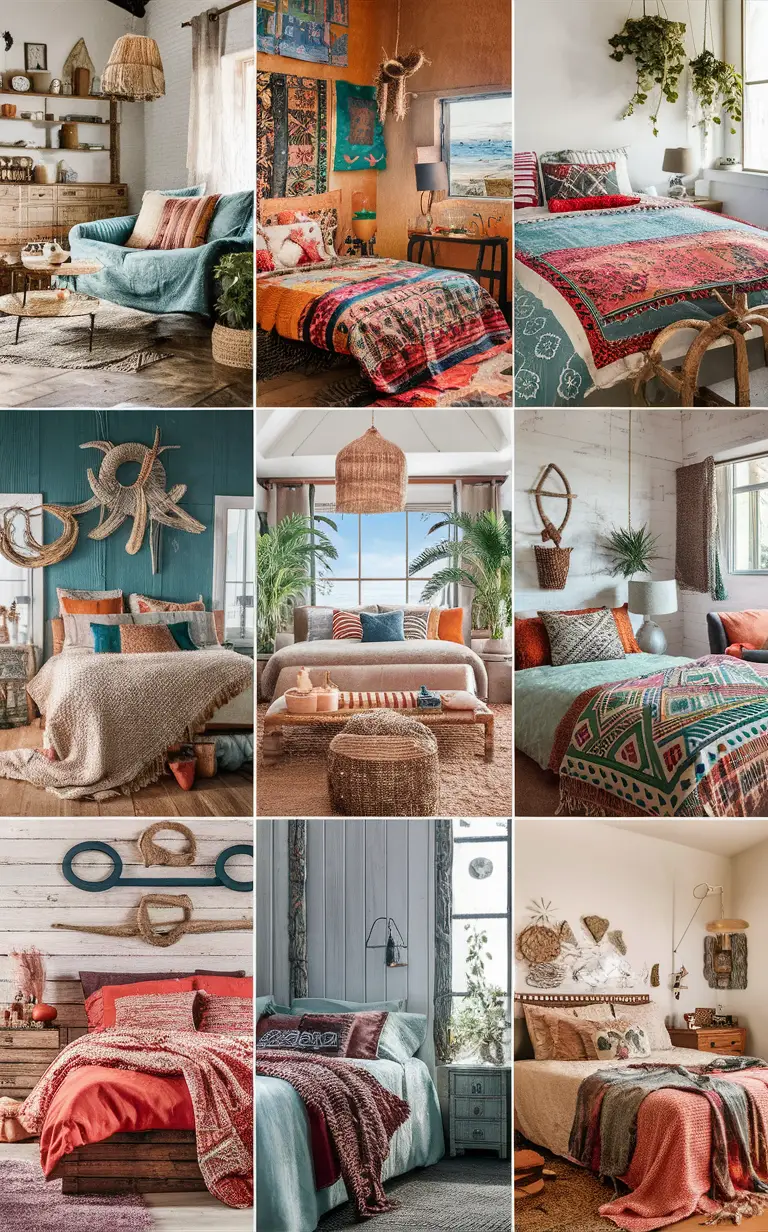 Coastal bedroom decor, Bohemian bedding, Beachy bedroom furniture, Boho chic headboard, Seaside retreat design