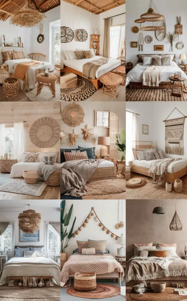 bohemian bedroom decor, boho style bedding, coastal chic furniture, plant-inspired room design, exotic home accessories