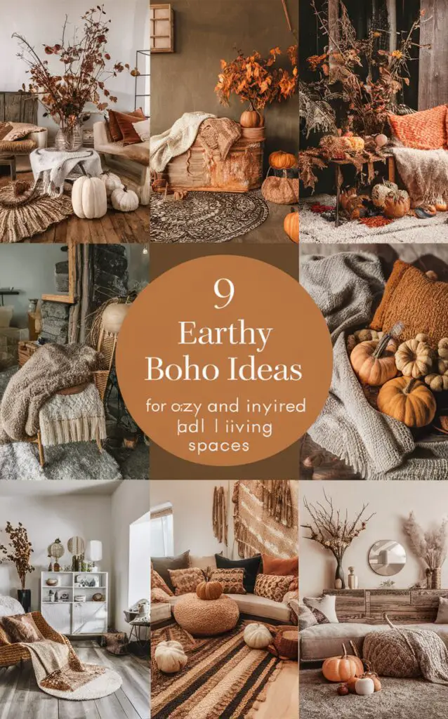 boho decor ideas, fall home decor, earthy living room, cozy fall decor, rustic chic style