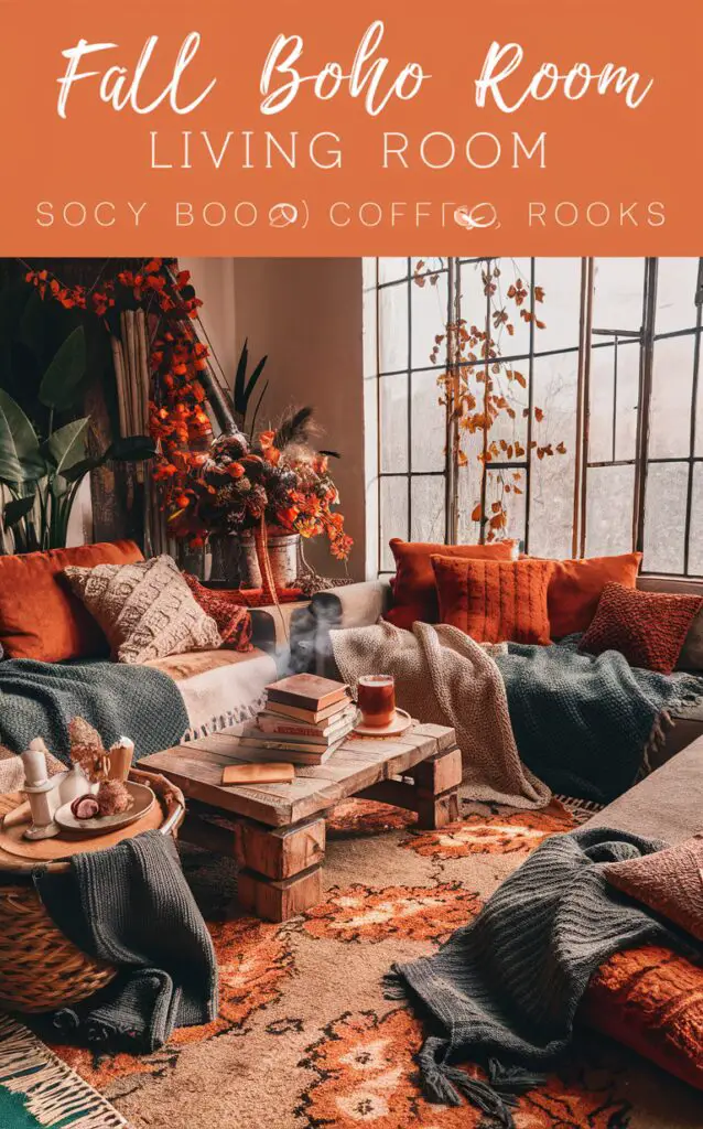 boho living room decor, cozy fall decor, bohemian home design, cozy living room ideas, fall living room inspiration