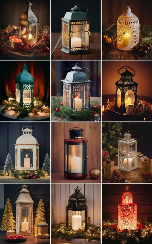 candle lantern decor, lantern centerpiece, holiday lanterns, cozy candlelight, Christmas lanterns